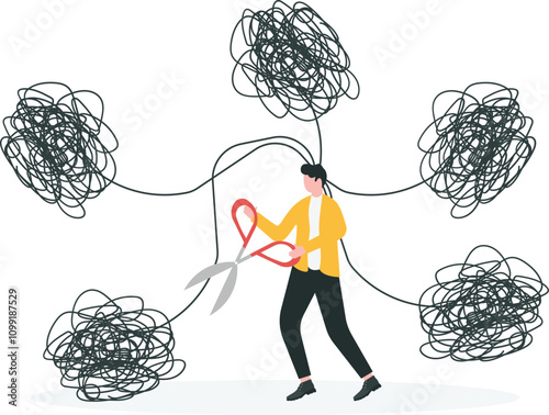Stress elimination from busy work or a toxic environment, changing behavior for better mental health, work-life balance concept. Businessman cutting a messy tangled line clings to his head.

