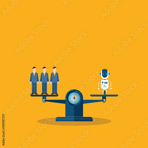 Balance scales man vs Ai bot. Competition concept artificial intelligence digital technology. Ai robot standing on the scale and equal to businessman.