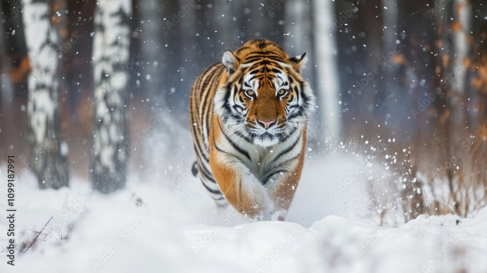 Fototapeta premium A tiger running through snowy woods, showcasing its strength and grace in a winter landscape.
