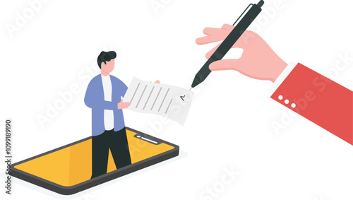 Remote working or work from anywhere, online signing autograph, distance business operation concept. an employee appeared on a laptop screen and took a paper form for the boss to sign.

