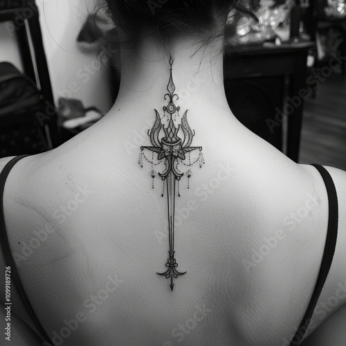 Intricate linework tattoo of a stylized dagger adorns the nape of a woman's neck photo