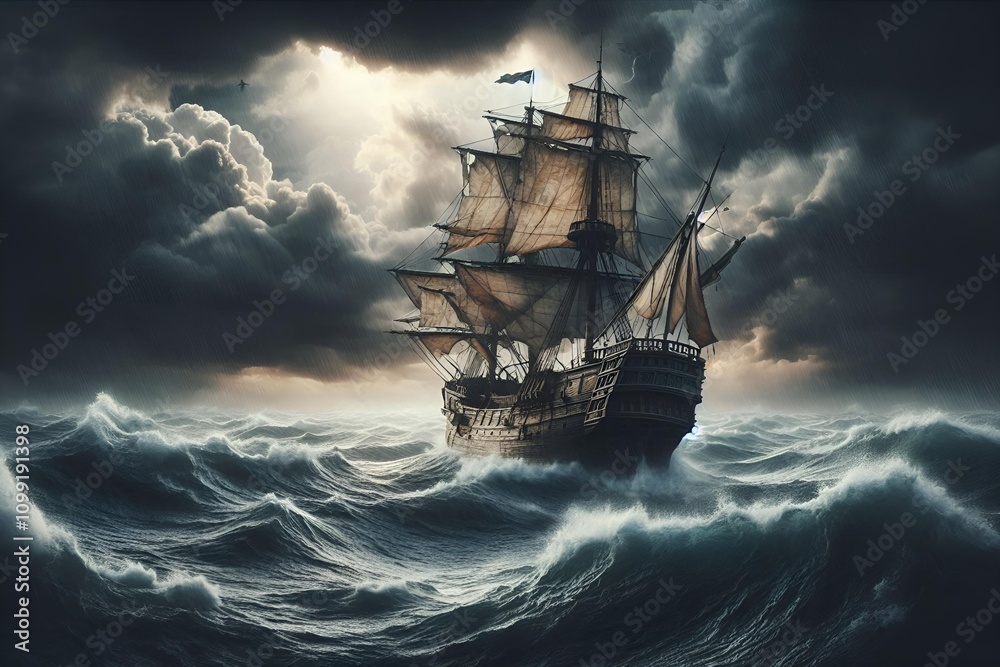 Fototapeta premium Old Wooden Ship Battling the Stormy Seas in a Dark Ocean