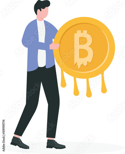 Bitcoin or cryptocurrency price falling down, wrong speculation in digital assets cause investors to lose money, fluctuation and uncertainty concept. Depressed businessman sitting on melting bitcoin.
