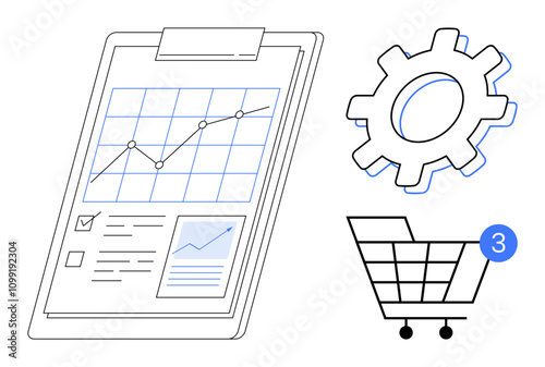 Chart on clipboard with upward trend line and checklists, gear icon, and shopping cart notified by number three. Ideal for business development, e-commerce, productivity, analytics, management