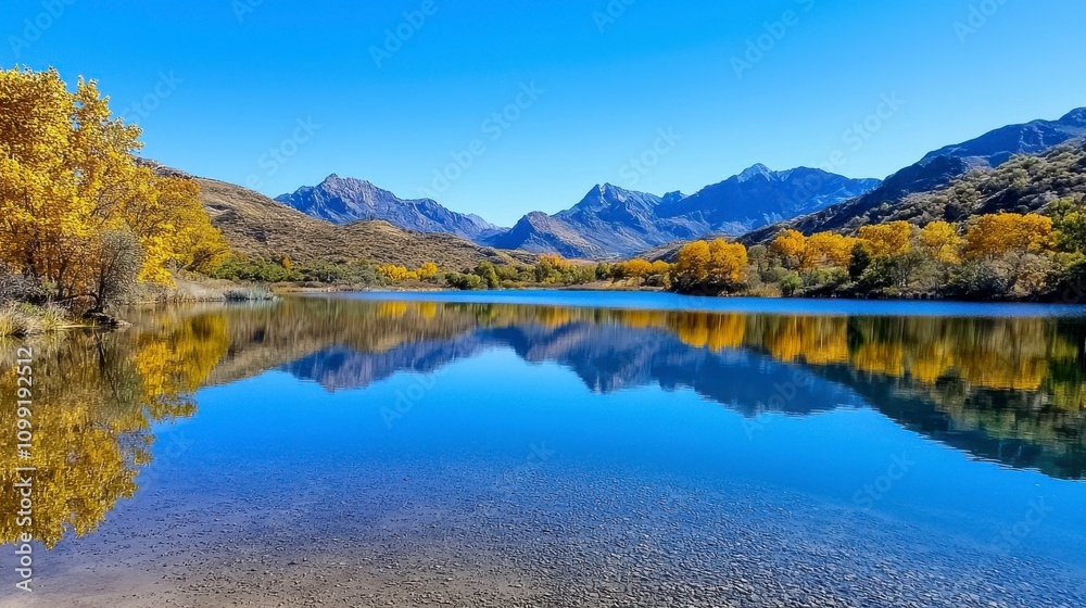 Fototapeta premium A serene lake reflecting vibrant autumn colors, surrounded by mountains under a clear blue sky.