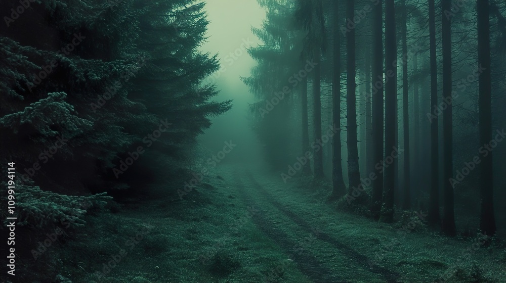 Obraz premium Mysterious Forest Path: A Journey Through Misty Woods