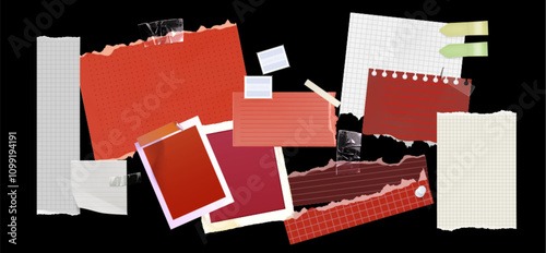 Red note paper with rip edge. Torn newspaper page frame. Old strip card for scrapbook craft. White cutout piece with grunge border design. Blank realistic art template for message on notepaper