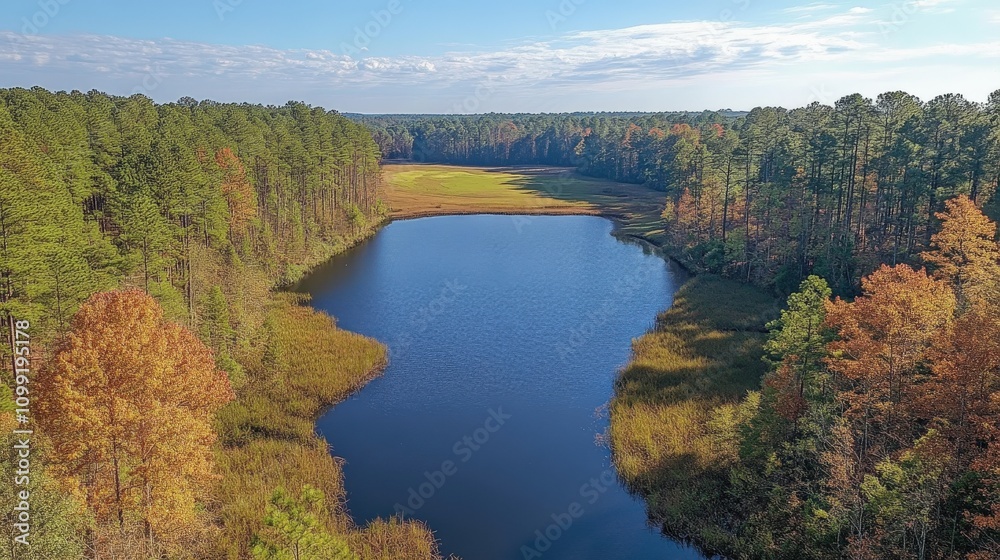 Naklejka premium A serene landscape featuring a calm lake surrounded by vibrant autumn foliage and trees.