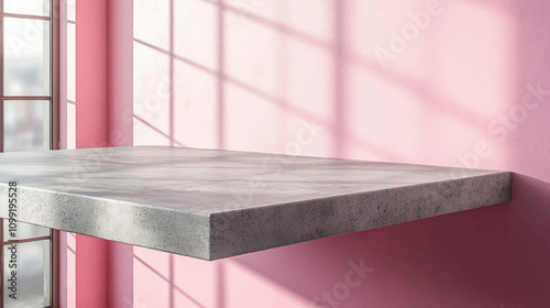 3D realistic gray tabletop on pink wall background for product presentation. Empty concrete countertop with window shadow overlay. Clean mockup for beauty advertisement design illustration.