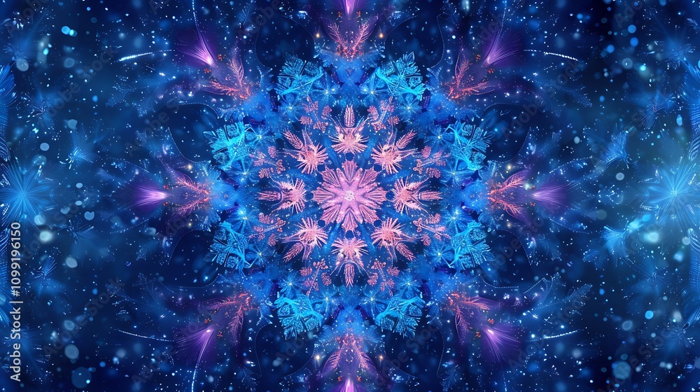 Fototapeta premium A vibrant snowflake pattern with glowing edges, designed on a dark blue background with subtle snow-like textures. 8k UHD, suitable for high-quality printing or digital display. 