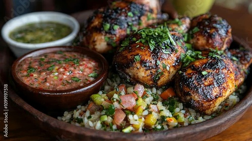 Delicious grilled chicken with vibrant peruvian arroz chaufa restaurant kitchen food photography warm atmosphere culinary delight photo