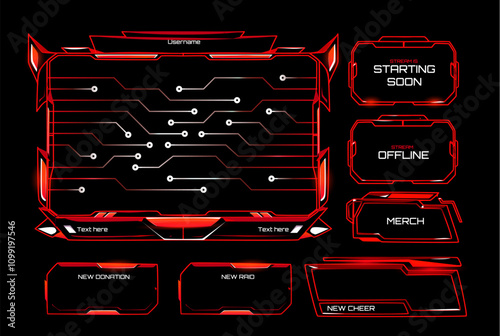 Shooter game and streaming overlay pack with futuristic neon glowing red cyberpunk frames design. Main display area with circuit patterns, status notifications for donations, raids and cheers.