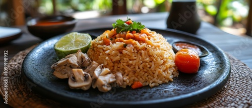 Delicious haitian diri ak djon djon black mushroom rice with seafood caribbean restaurant food photography tropical ambiance close-up culinary art