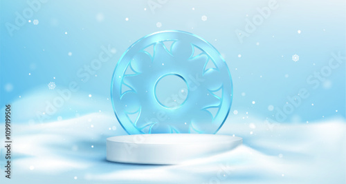 3d winter podium with snow and ice on background. White display platform on floor for cosmetic product. Snowy New Year render with pedestal. Abstract advertising showcase for december studio