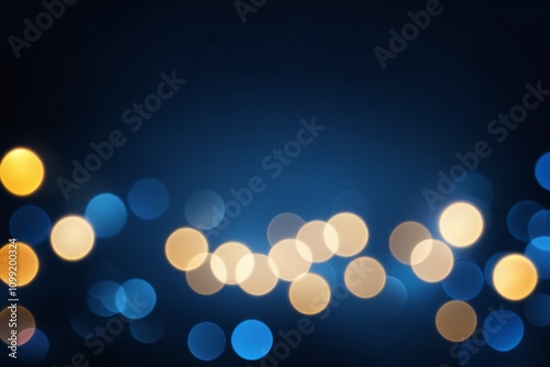 Abstract glowing bokeh golden lights in the dark blue with a mix of bright colors patterns resembling a festive holiday celebration photo