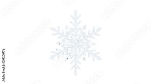 White glitter snowflake ornament, isolated on white background, elegant winter decor, stock photo