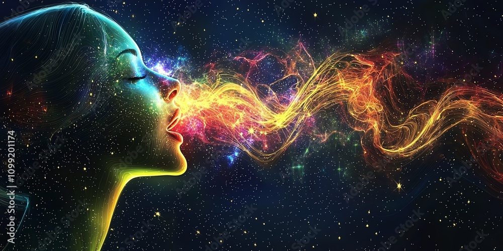 Obraz premium Cosmic voice resonance chamber, galactic visualization of speech clarity, starlight particles forming sound waves