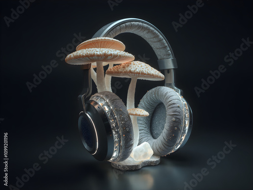 Create a product design rendering of a pair of headphones which is grown from mycelial and mushroom instead of plastic, looking futuristic and alien, but beautifully simple, dramatic lighting photo