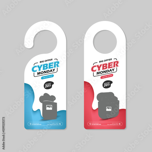 Cyber Monday super sale door hanger template and an advertising door hanger for new earbuds sale with Two Color Variation Design