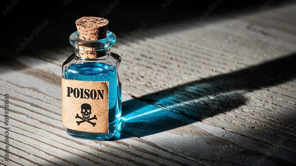 Small bottle holds bright blue liquid with cork stopper on wooden surface, labeled 'POISON' with skull.