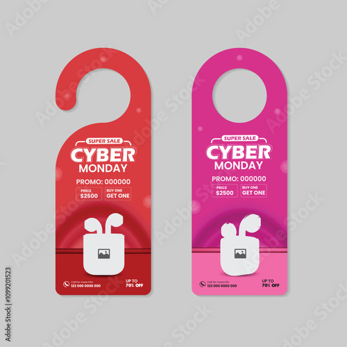 Cyber Monday super sale door hanger template and an advertising door hanger for new earbuds sale with Two Color Variation Design