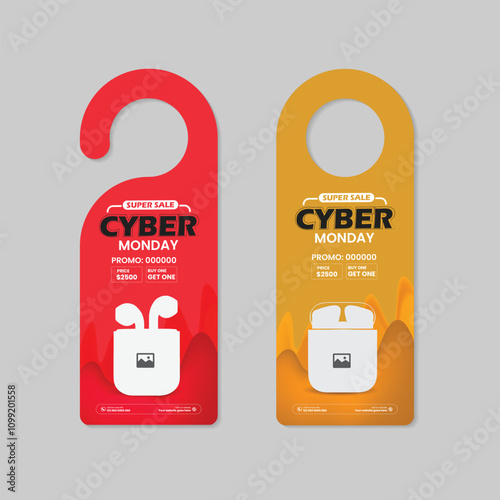 Cyber Monday super sale door hanger template and an advertising door hanger for new earbuds sale with Two Color Variation Design