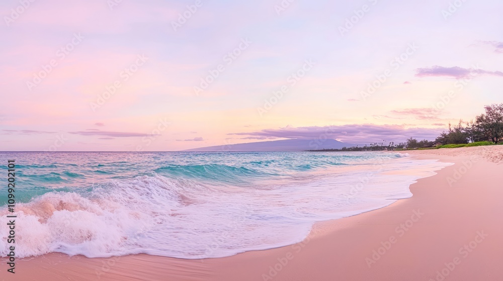 Fototapeta premium Tranquil Sunset Beach Vista with Vibrant Colors and Gentle Waves - Perfect for Vacation Concepts