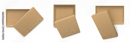 3d craft open gift box top view mockup. Empty paper package with shadow. Square and rectangular cardboard container with cover mock up design. Realistic cosmetic product delivery case set for business