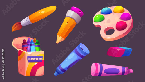 Art paint tool for school craft. Cute pencil and crayon vector. Children artist supply for drawing in kindergarten. Rainbow palette, eraser and stationery equipment clipart for hobby or education.