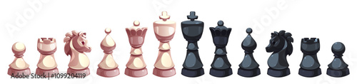 Pawn, king and queen chess piece cartoon. Isolated game graphic set with horse and bishop figure icon for chessboard series. Cute accessory equipment for strategy boardgame. Recreation element