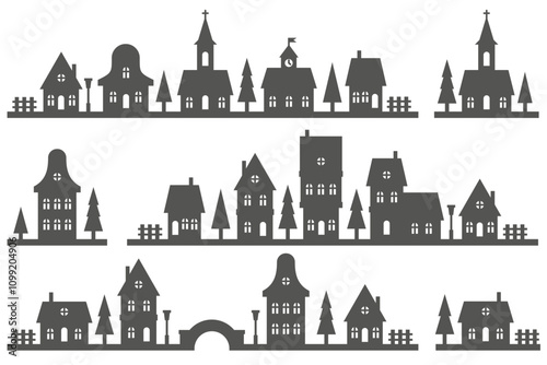 Silhouette of houses on skyline. Neighborhood vector row of homes on white background. Small black village cottages. Christmas rural landscape with church and trees. Cute country buildings