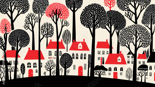 Artistic depiction of a quaint town with red and black houses surrounded by trees and animals in a tranquil setting