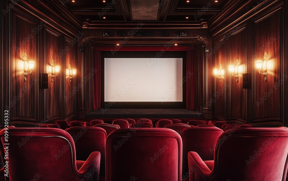 Fototapeta premium A photorealistic image of a cinema hall, focusing on velvet armchairs and a white screen on the wall, with a dark red color palette and a brown wooden panel background