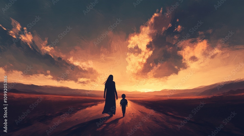 Obraz premium Silhouette of Mother and Child Walking Towards the Sunset