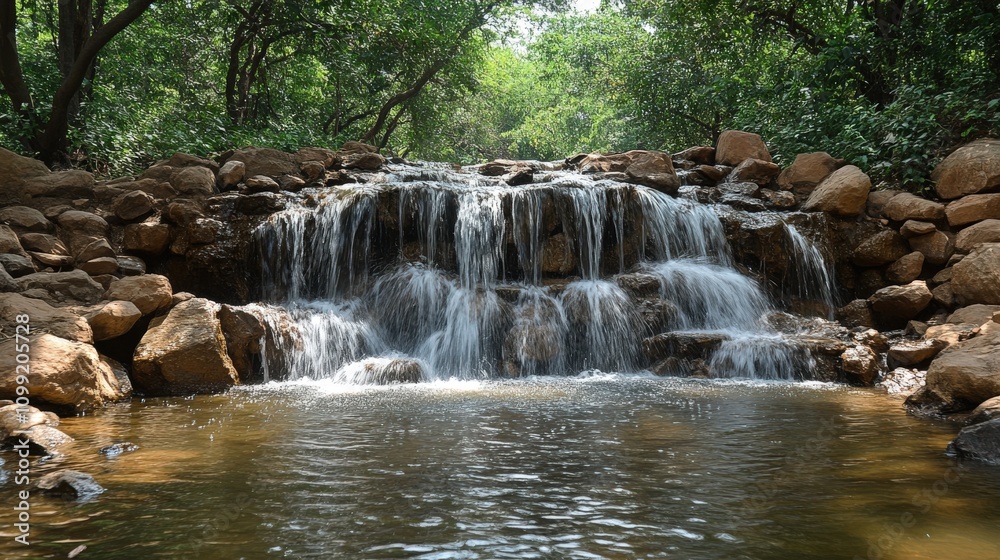 Obraz premium A serene waterfall cascading into a tranquil pool surrounded by lush greenery.