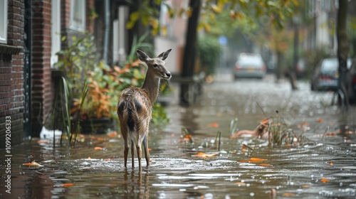 A Stranded Deer Navigates Flooded Streets, Adaptation in Urban Environments Under Duress photo