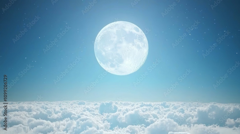 Fototapeta premium Enchanted Night Sky with Glowing Full Moon and Scattered Stars, Dreamlike Ethereal Skyscape with Wispy Clouds - Ultra-Detailed