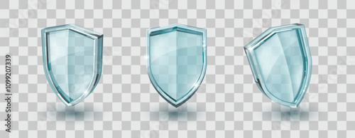 3d glass protect shield isolated icon on transparent background. Clean and shine blue guard badge for secure. Honor plate mockup made of plexiglas. Realistic acrylic defense armor symbol template