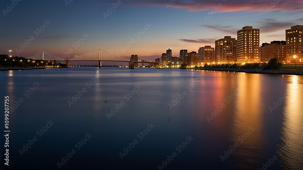Fototapeta premium Riverfront promenade with modern architecture and soft evening light, creating a sleek and serene urban backdrop