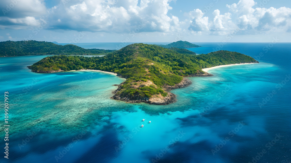 Fototapeta premium A picturesque aerial view of a tropical island surrounded by crystal-clear turquoise water, with lush greenery covering the land and vibrant coral reefs beneath the surface.
