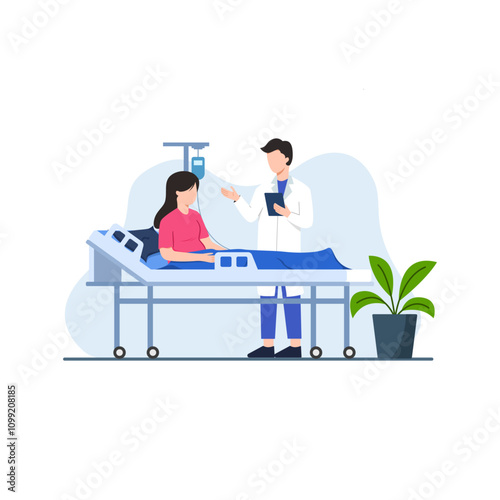 Doctor And Patient Vector Illustration. Doctor giving medical care to patient in bed flat vector illustration. Cartoon medicine specialists giving support for woman. Intensive therapy and healthcare c