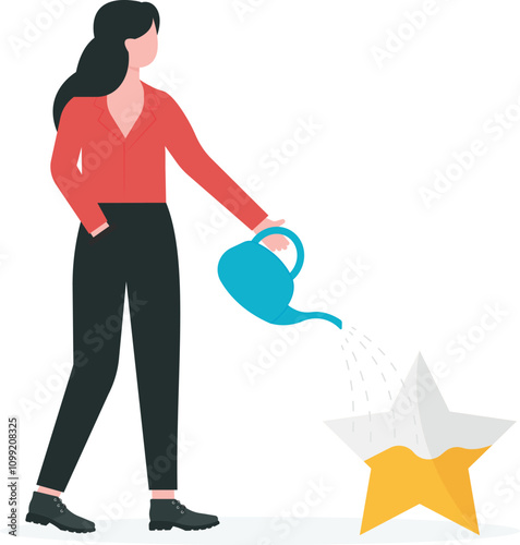Developing marketing strategies to make customers give higher star rating, business reputation concept. Businesswoman watering to fulfill 5th star metaphor of increasing credit score from customers.

