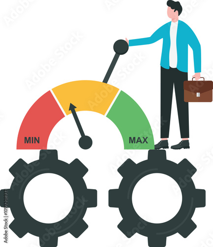Workflow control, entrepreneurship for productivity growth, team management, efficient use of staff concept. Businessman boss controlling lever to suit employees work capacity for best outcome.

