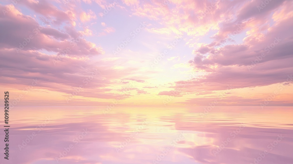 Obraz premium Tranquil Twilight Skyscape with Pink and Gold Clouds Reflecting on Still Lake Waters for Calming Imagery