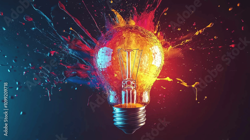 Creative concept light bulb explodes with colorful water colors on a dark black background. Think different, creative idea. Productivity and creativity splash watercolor vector illustration.