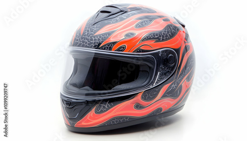 Stylish motorcycle helmet with orange and black flames design, isolated on white background. Perfect for safety, speed, and adventure themes. photo