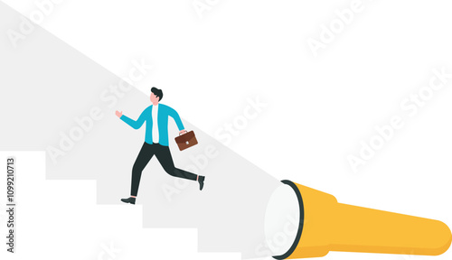 Mentorship to support employee career advancement, guidance for achievement, encouragement at work concept. Boss turning on flashlight to create staircase of success for employee.
