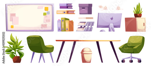 Modern office interior elements with workspace furniture - boss chairs and desk, computer monitor, cabinet storage. Professional setup of executive room workplace with document folders and whiteboard.