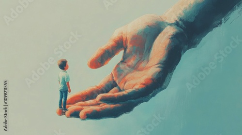 Giant Hand Reaching Out to Small Figure: A Symbol of Hope and Guidance