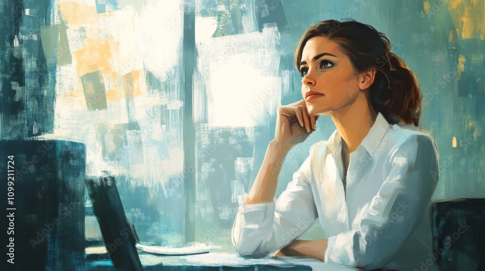 Obraz premium Thoughtful Woman Gazing Out Window - Digital Painting